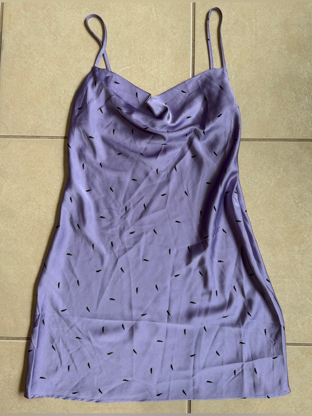 Forever 21 Lavender Satin Cowl Neck Slip Dress Lightning Bolt Print Size S Small